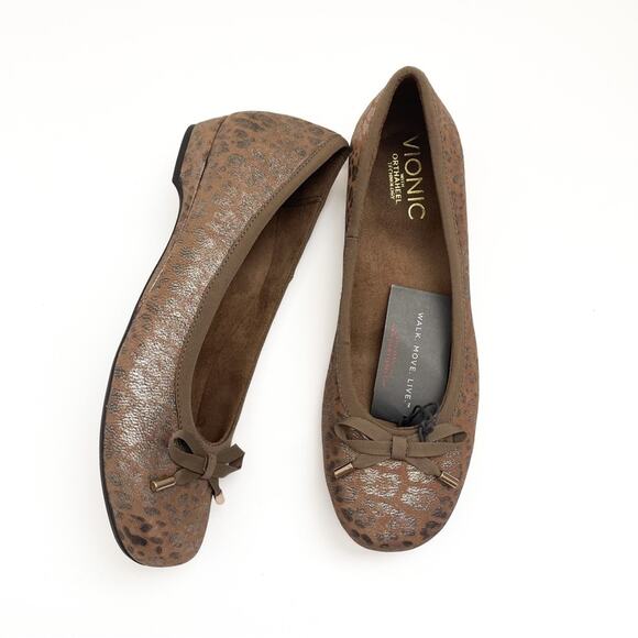 Vionic Olivia Orthopedic Ballet Flats Metallic Bronze Printed Leopard NWT 6.5